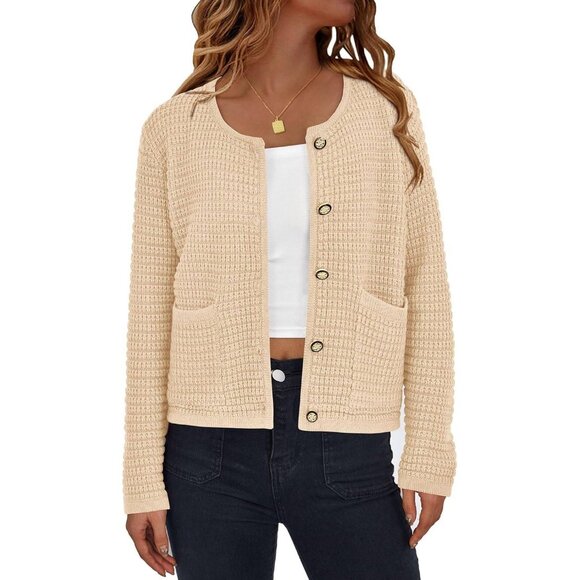 Women's Knit Cardigan Sweater – Chunky Button Down Open Front Jacket Beige XL - Picture 1 of 8